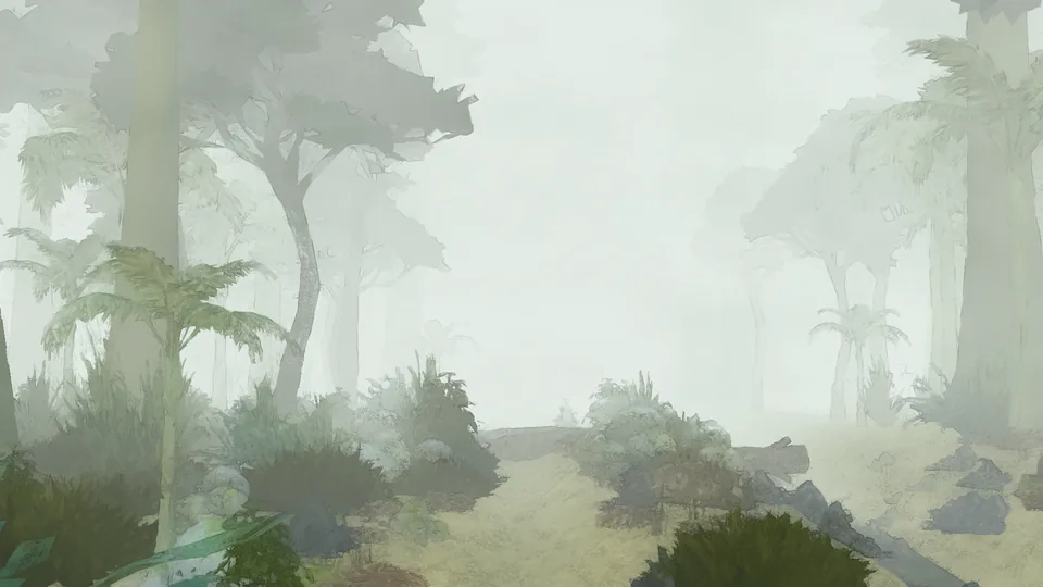 A tree fern and dark shrubs beside a pale track, tall trunks fading into mist.