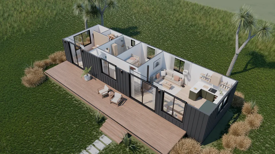 The house from above with the roof lifted off, every room furnished.